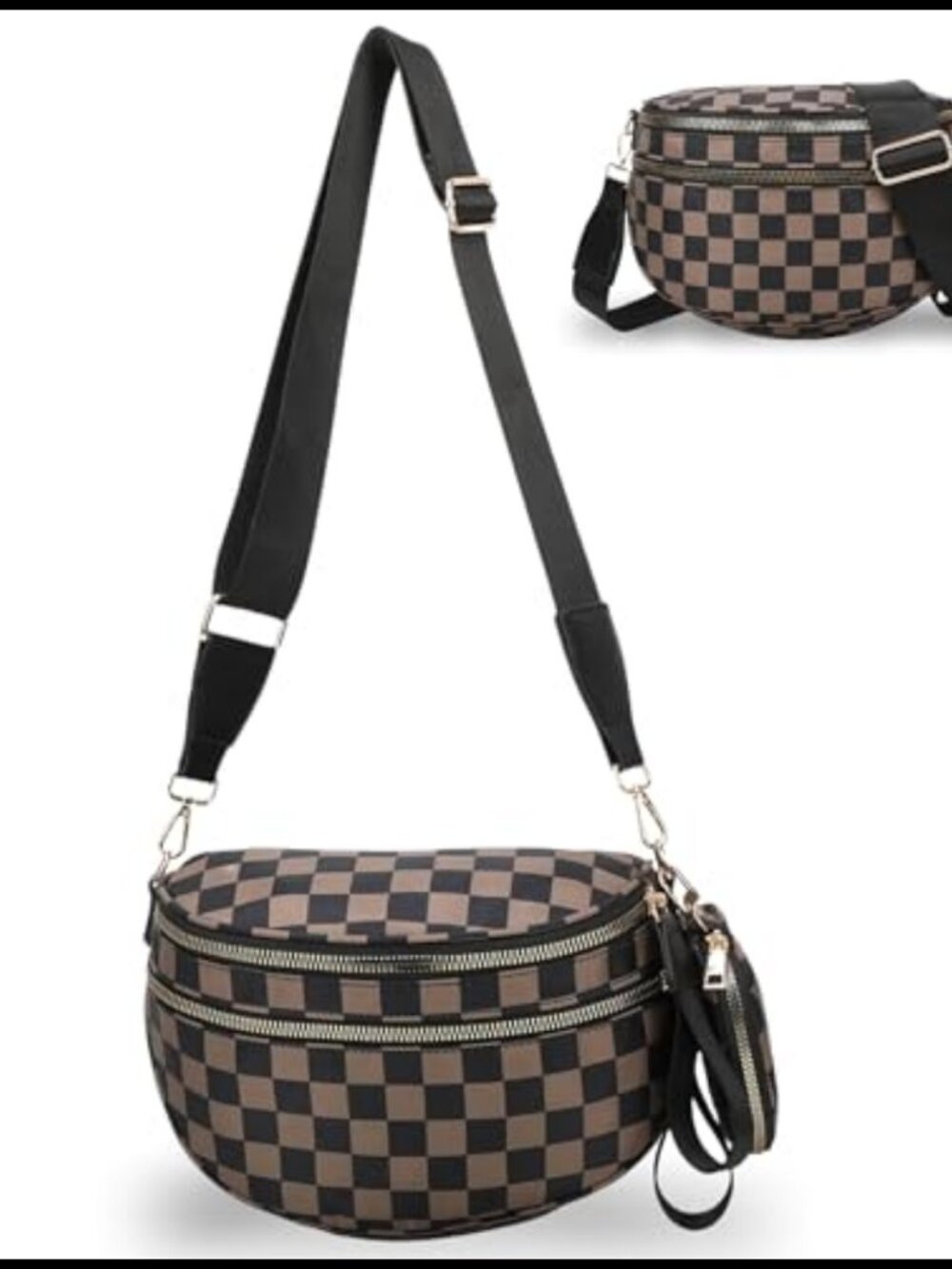 Checkered Crossbody Bum Bag Nylon Sling Purse Large Capacity Adjustable Strap